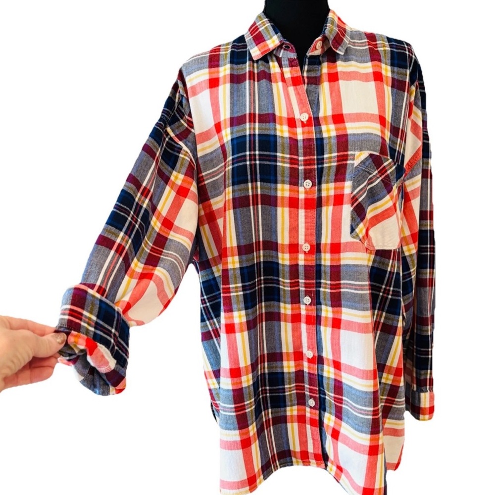 Old Navy Boyfriend Shirt Women Size XXL Blue Red White Yellow Plaid 100% Cotton